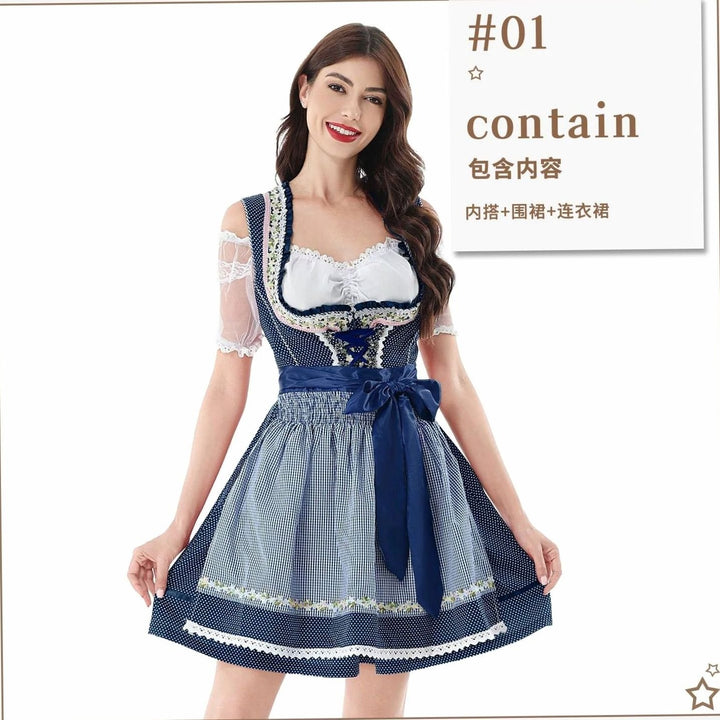 Damen Kurzes Dirndl-Set mit Spitzenbluse karierter Schürze Schleife - Blau