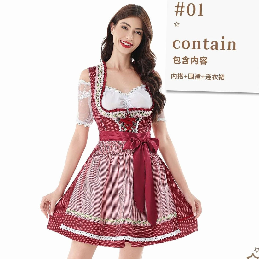 Damen Kurzes Dirndl-Set mit Spitzenbluse karierter Schürze Schleife - Rot