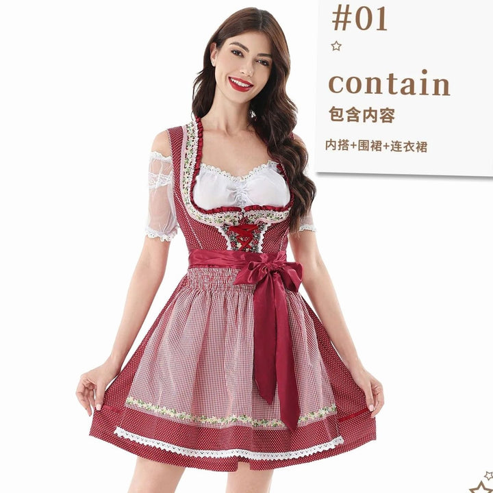 Damen Kurzes Dirndl-Set mit Spitzenbluse karierter Schürze Schleife - Rot