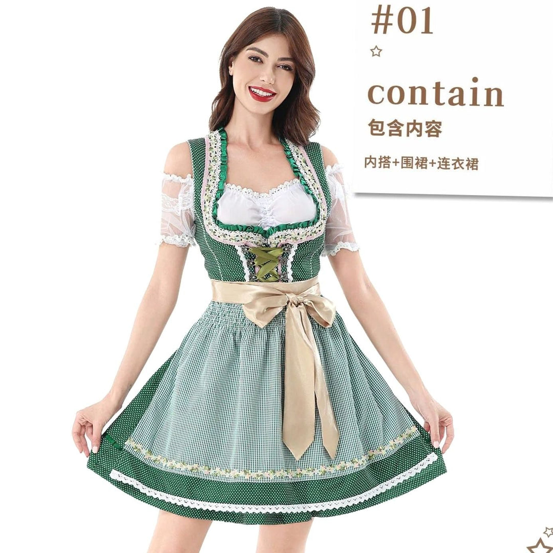 Damen Kurzes Dirndl-Set mit Spitzenbluse karierter Schürze Schleife - Grün