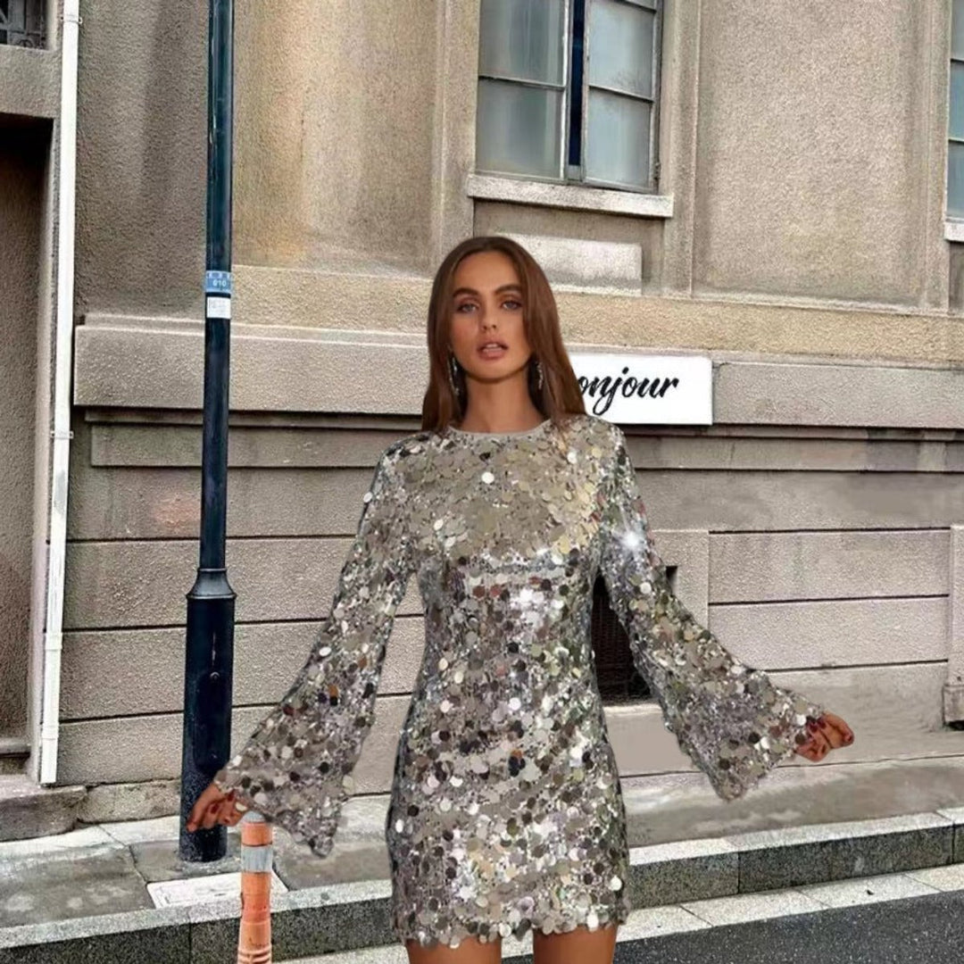 Damen Kurzes Pailletten Cocktailkleid mit Trompetenärmeln