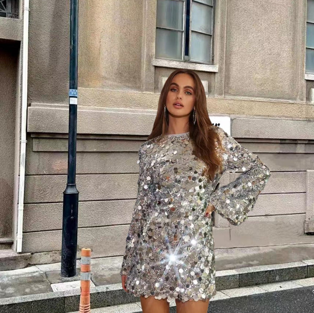 Damen Kurzes Pailletten Cocktailkleid mit Trompetenärmeln