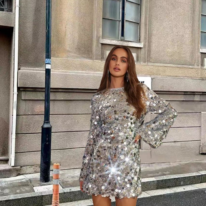 Damen Kurzes Pailletten Cocktailkleid mit Trompetenärmeln