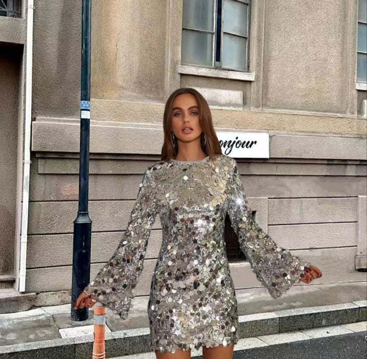 Damen Kurzes Pailletten Cocktailkleid mit Trompetenärmeln - Silber