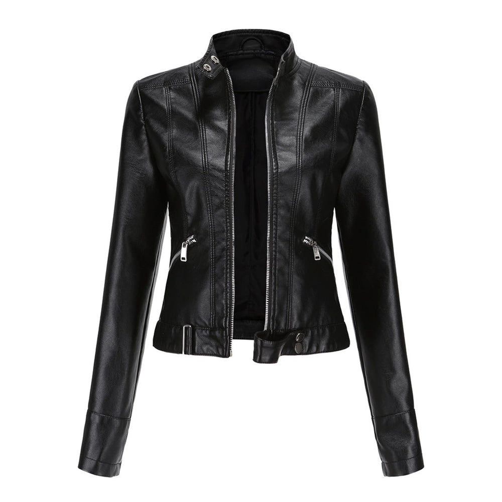 Damen Kurzgeschnittene Biker Kunstleder Jacke mit Reißverschluss - Schwarz