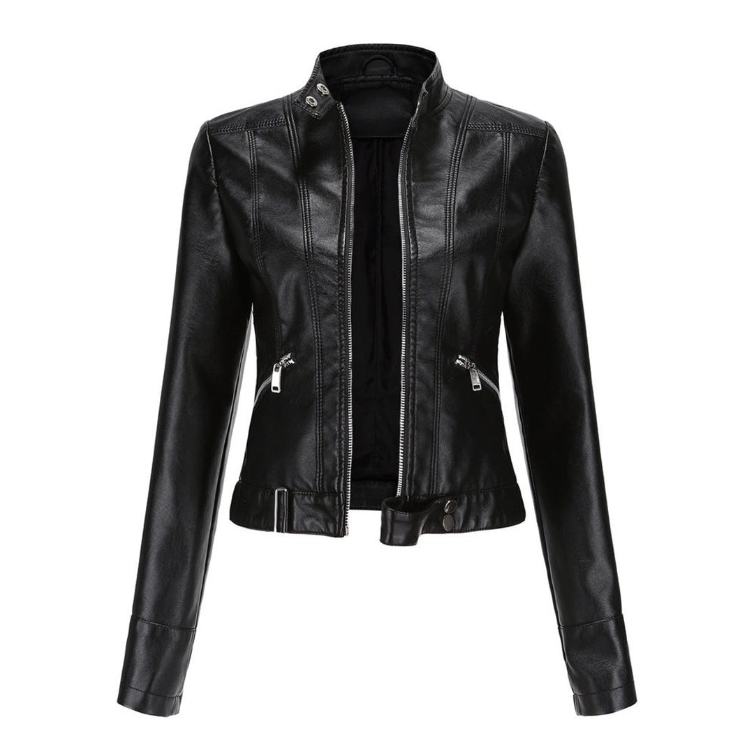 Damen Kurzgeschnittene Biker Kunstleder Jacke mit Reißverschluss - Schwarz