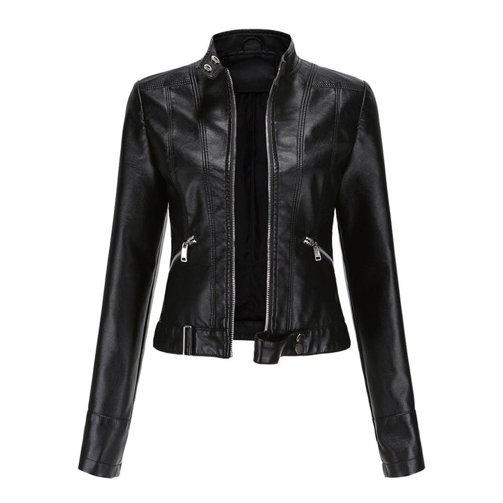 Damen Kurzgeschnittene Biker Kunstleder Jacke mit Reißverschluss - Schwarz