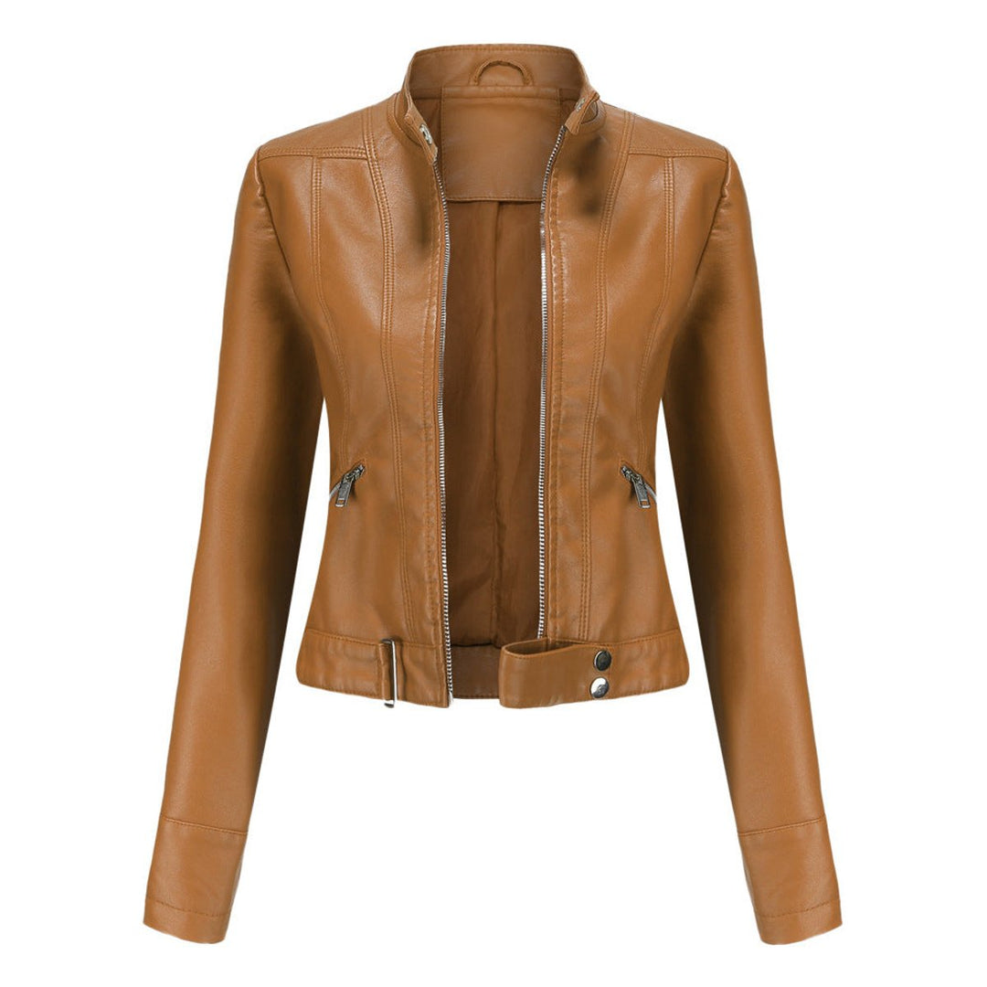 Damen Kurzgeschnittene Biker Kunstleder Jacke mit Reißverschluss - Hellbraun