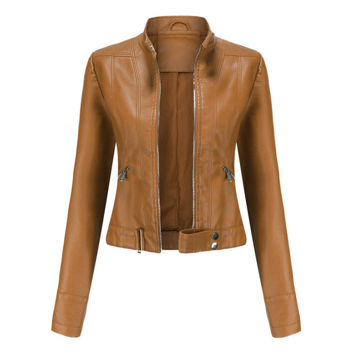 Damen Kurzgeschnittene Biker Kunstleder Jacke mit Reißverschluss - Hellbraun