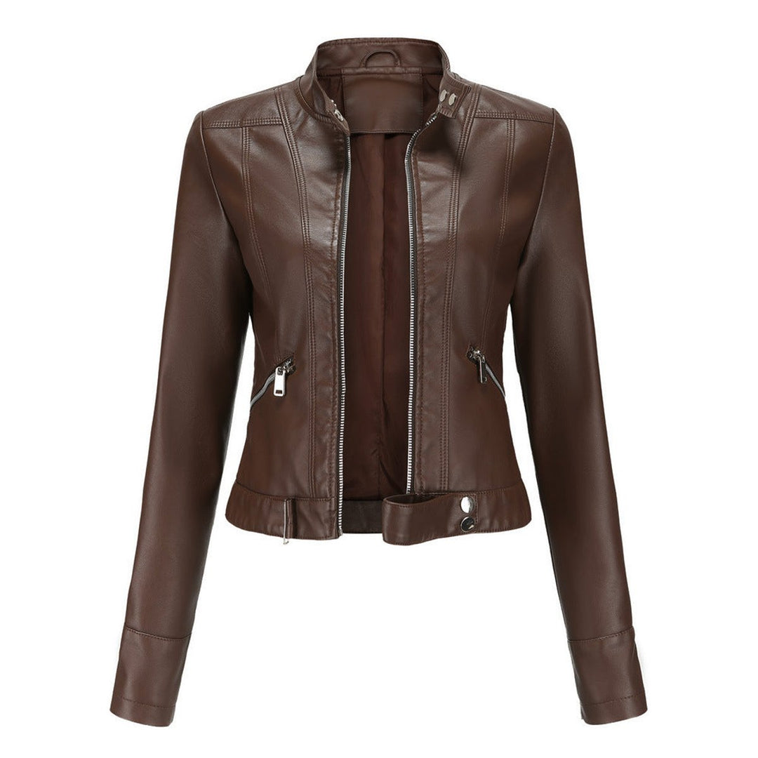 Damen Kurzgeschnittene Biker Kunstleder Jacke mit Reißverschluss - Braun