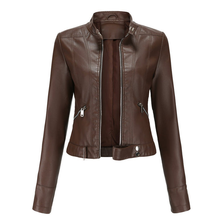 Damen Kurzgeschnittene Biker Kunstleder Jacke mit Reißverschluss - Braun