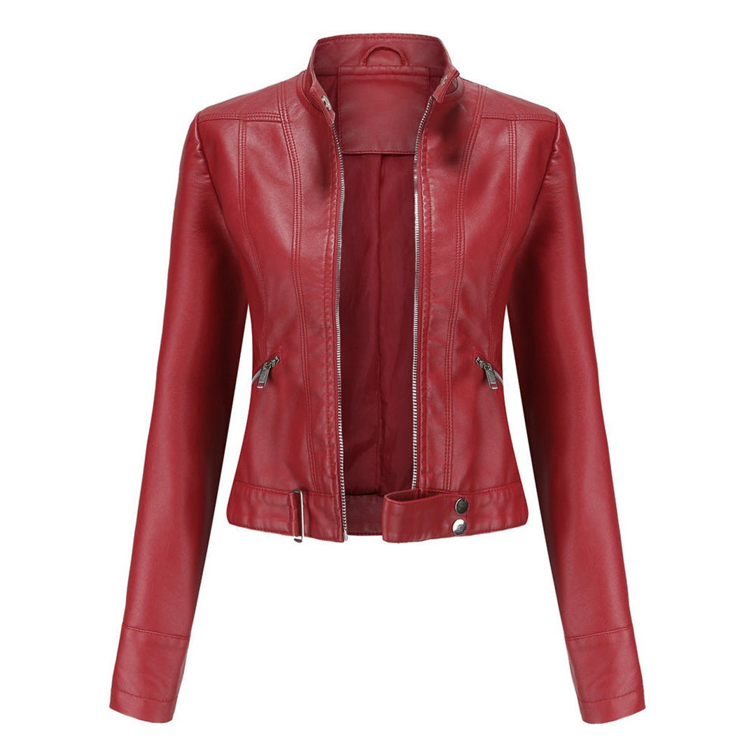 Damen Kurzgeschnittene Biker Kunstleder Jacke mit Reißverschluss - Rot