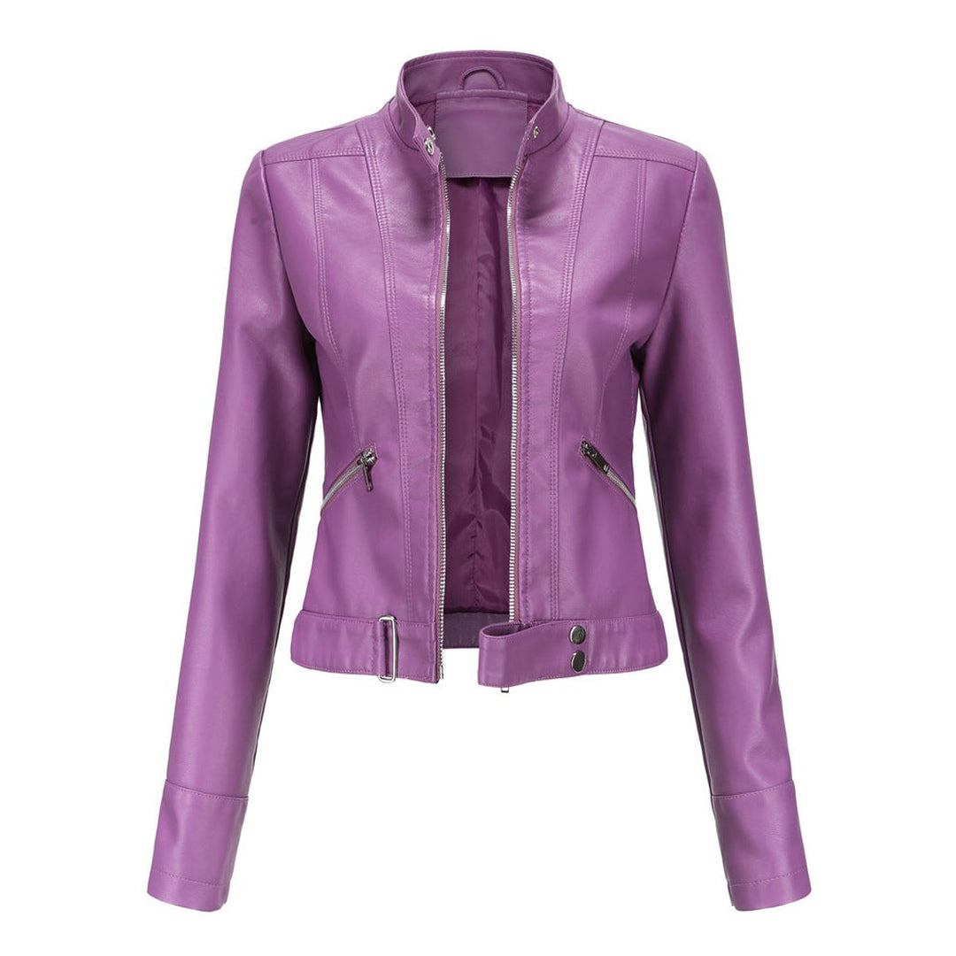 Damen Kurzgeschnittene Biker Kunstleder Jacke mit Reißverschluss - Dunkelviolett