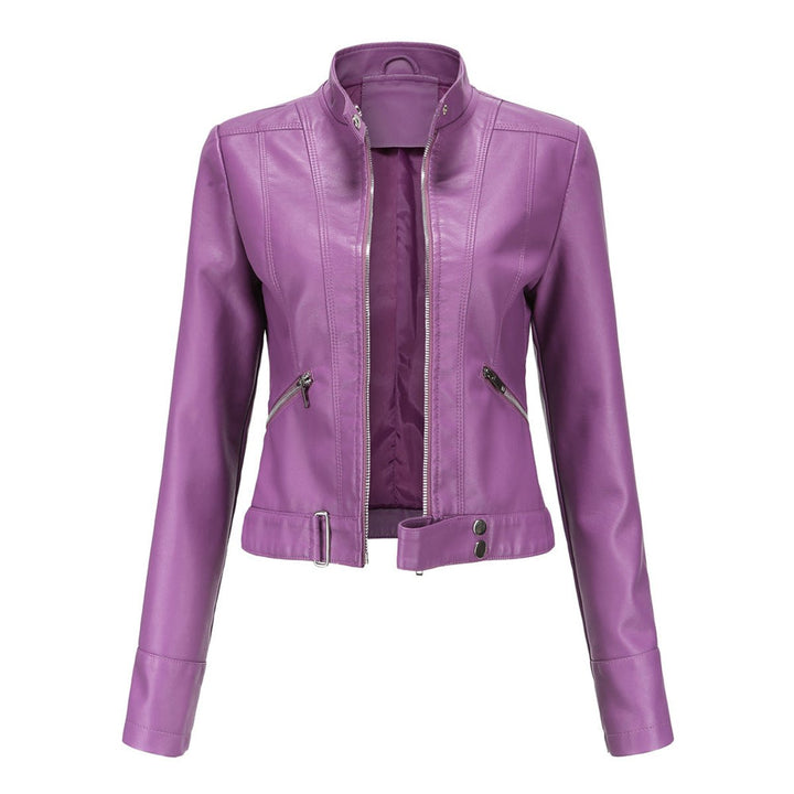Damen Kurzgeschnittene Biker Kunstleder Jacke mit Reißverschluss - Dunkelviolett