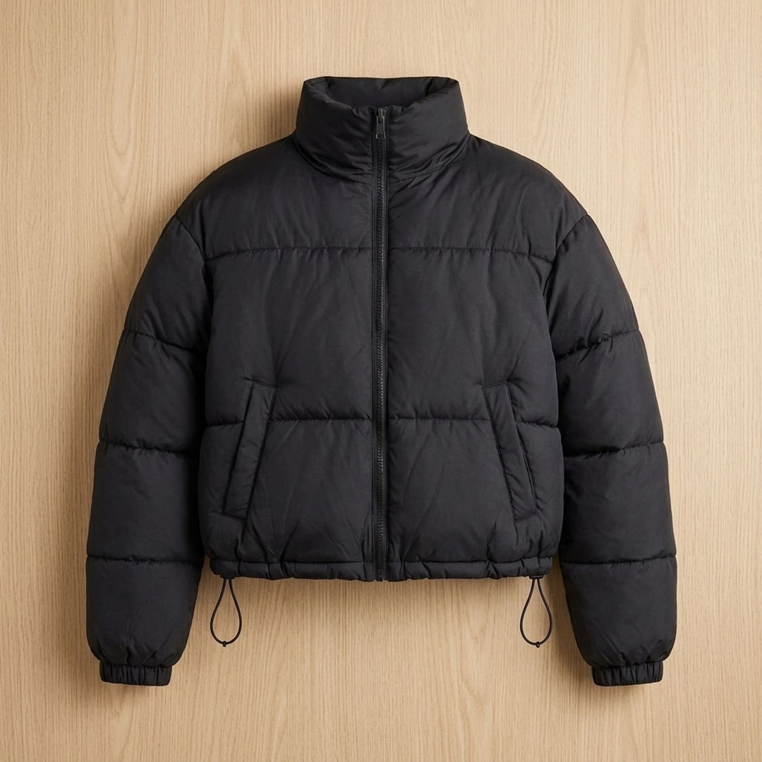 Damen Kurzschnitt Stehkragen Winterjacke gesteppte Steppjacke - Schwarz
