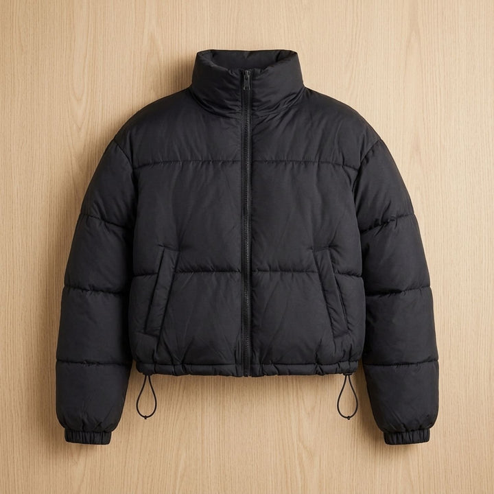 Damen Kurzschnitt Stehkragen Winterjacke gesteppte Steppjacke - Schwarz