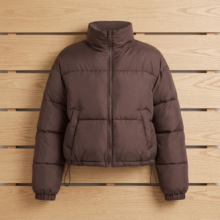 Damen Kurzschnitt Stehkragen Winterjacke gesteppte Steppjacke - Braun