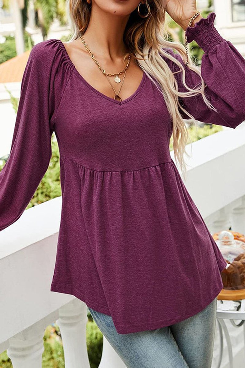 Damen Langarm Babydoll-Tunika mit V-Ausschnitt geraffter Taille - Vintrode