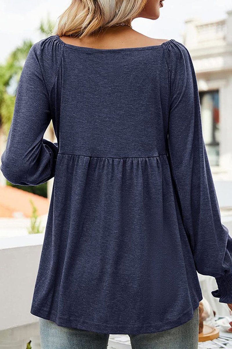 Damen Langarm Babydoll-Tunika mit V-Ausschnitt geraffter Taille