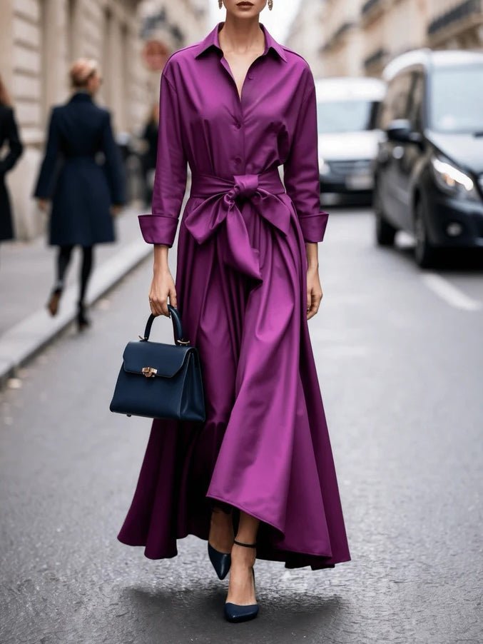 Damen Langarm Bindegürtel Maxi Hemdblusenkleid - Purple