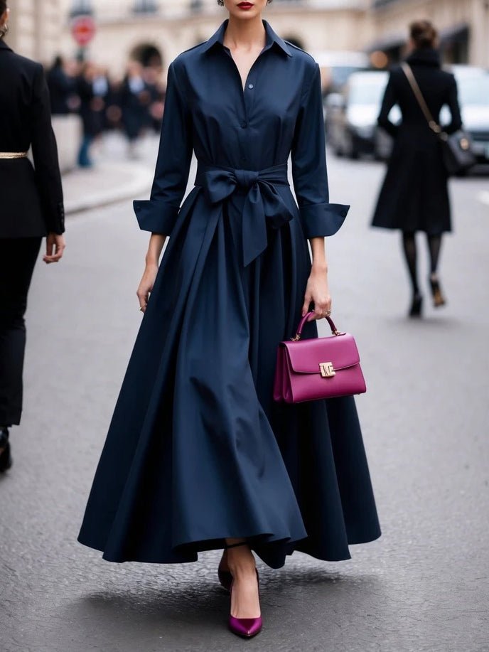 Damen Langarm Bindegürtel Maxi Hemdblusenkleid - Navy