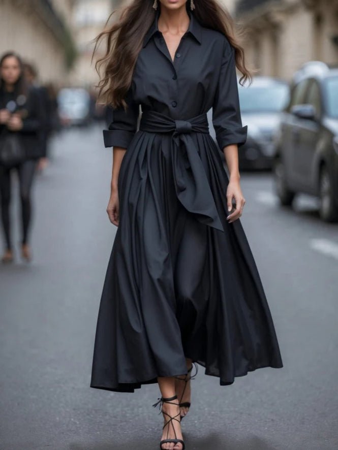 Damen Langarm Bindegürtel Maxi Hemdblusenkleid - Black