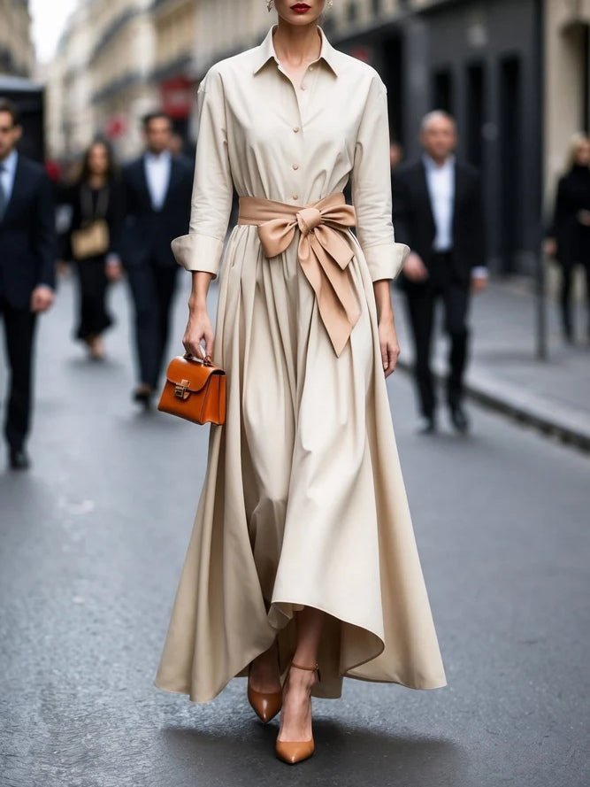 Damen Langarm Bindegürtel Maxi Hemdblusenkleid - Beige