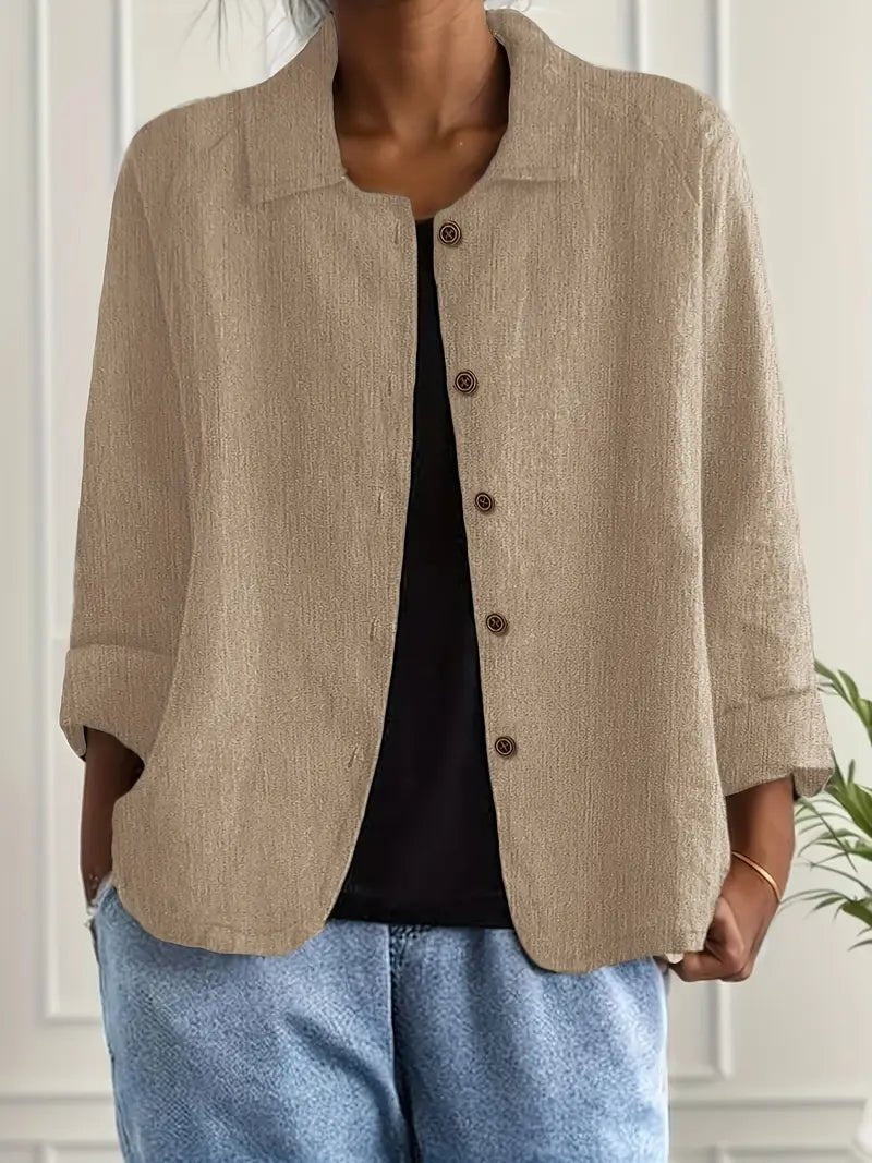 Damen Langarm-Blazer mit Kragen und Knopfleiste Relaxed Fit - Khaki