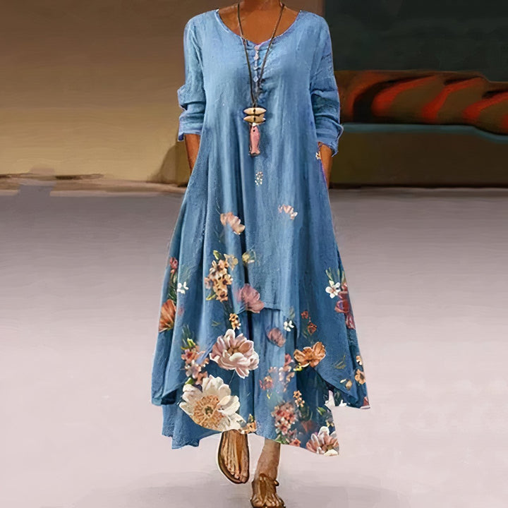 Damen Langarm Blumenprint Loose-Fit Maxi-Kleid - Blue