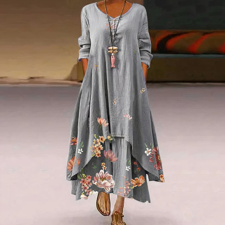 Damen Langarm Blumenprint Loose-Fit Maxi-Kleid - Light Gray