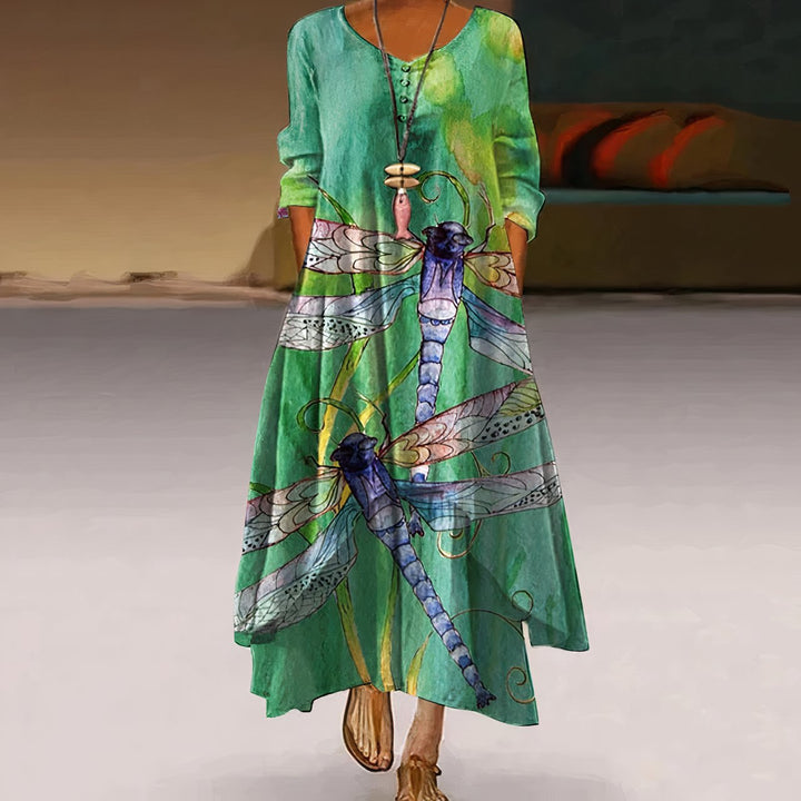 Damen Langarm Blumenprint Loose-Fit Maxi-Kleid - Green