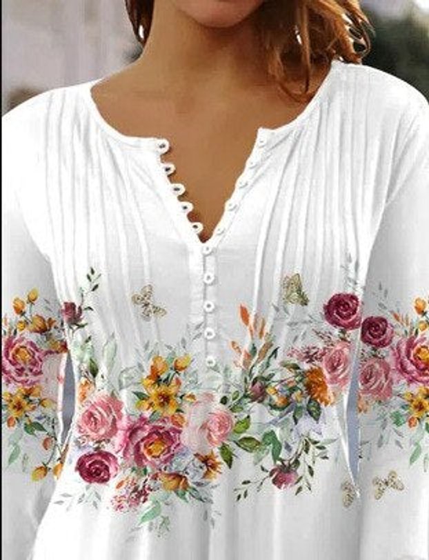 Damen Langarm Bluse Geblümtes Henley-Shirt Relaxed Fit