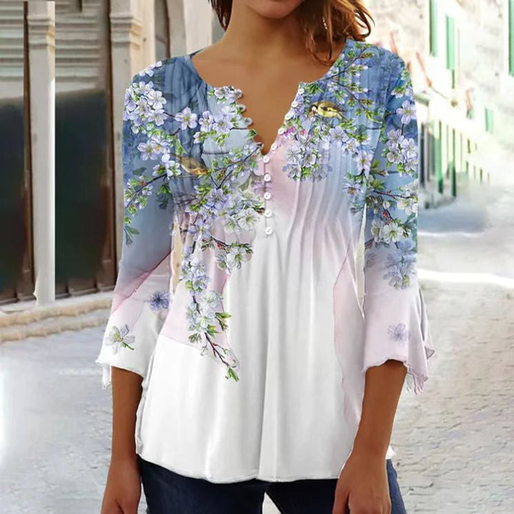 Damen Langarm Bluse Geblümtes Henley-Shirt Relaxed Fit - White-Blue