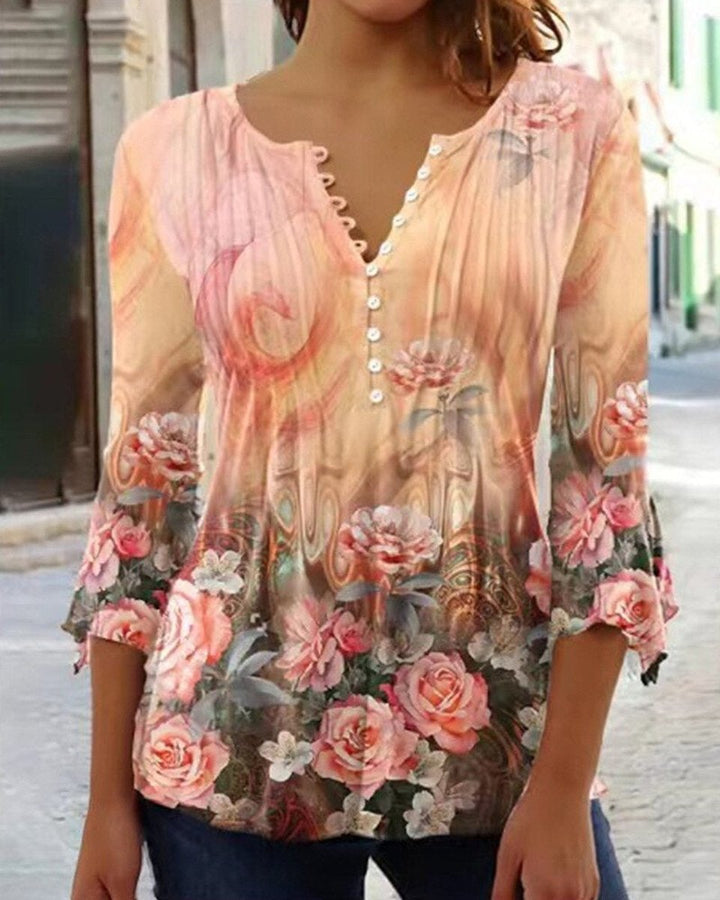 Damen Langarm Bluse Geblümtes Henley-Shirt Relaxed Fit - Orange
