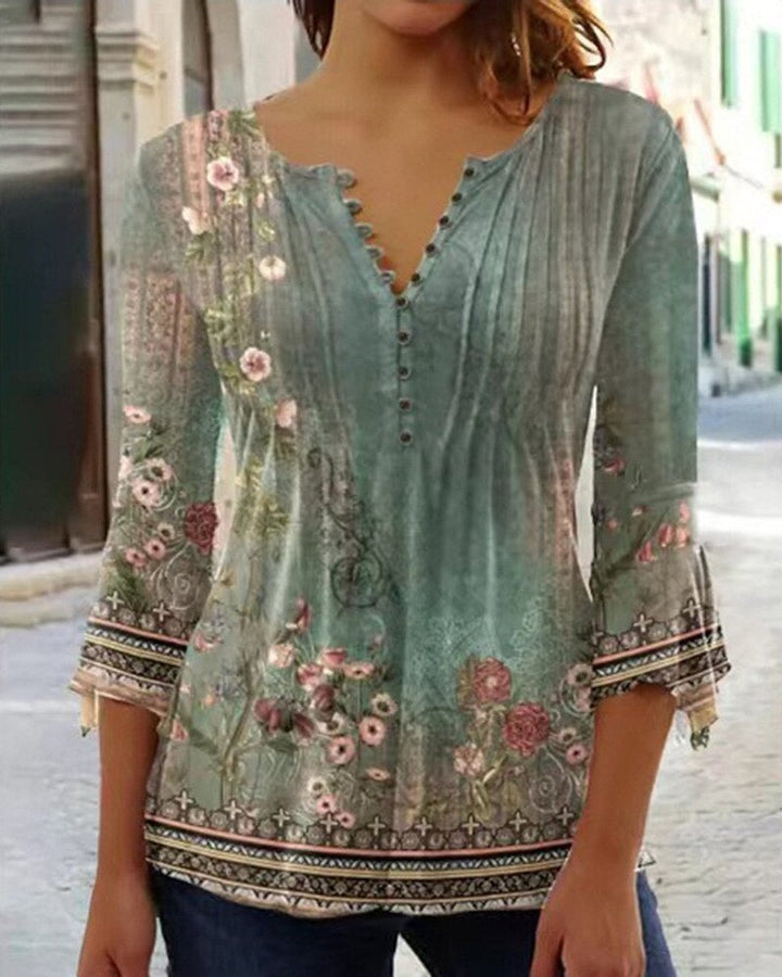 Damen Langarm Bluse Geblümtes Henley-Shirt Relaxed Fit - Green