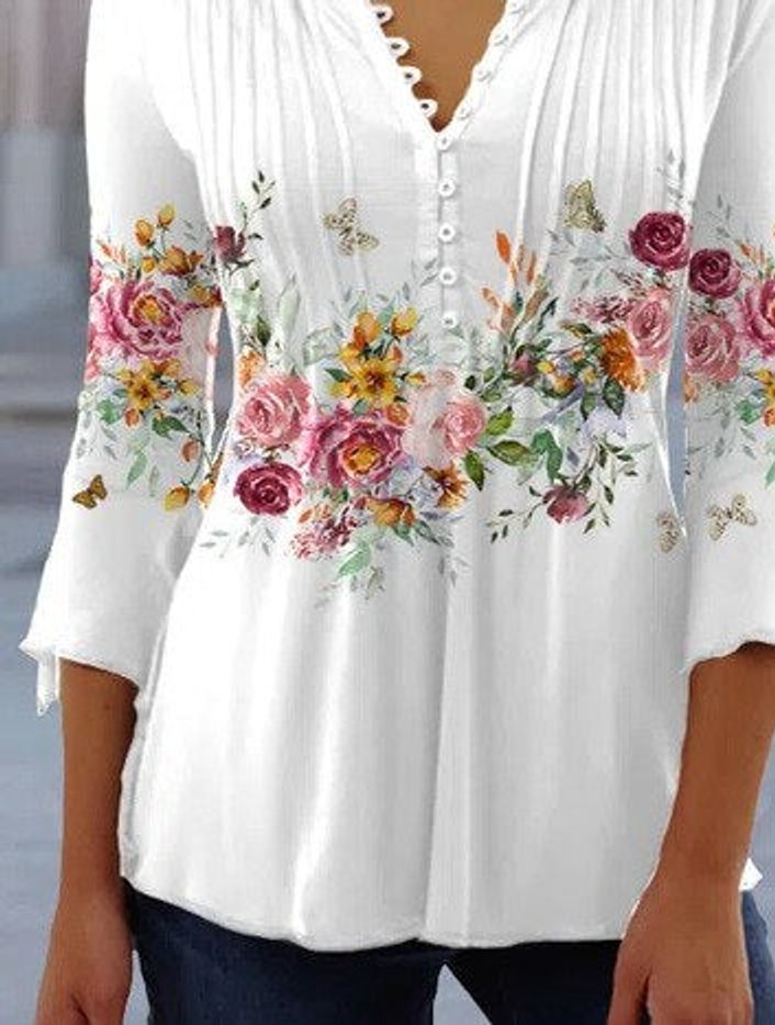 Damen Langarm Bluse Geblümtes Henley-Shirt Relaxed Fit