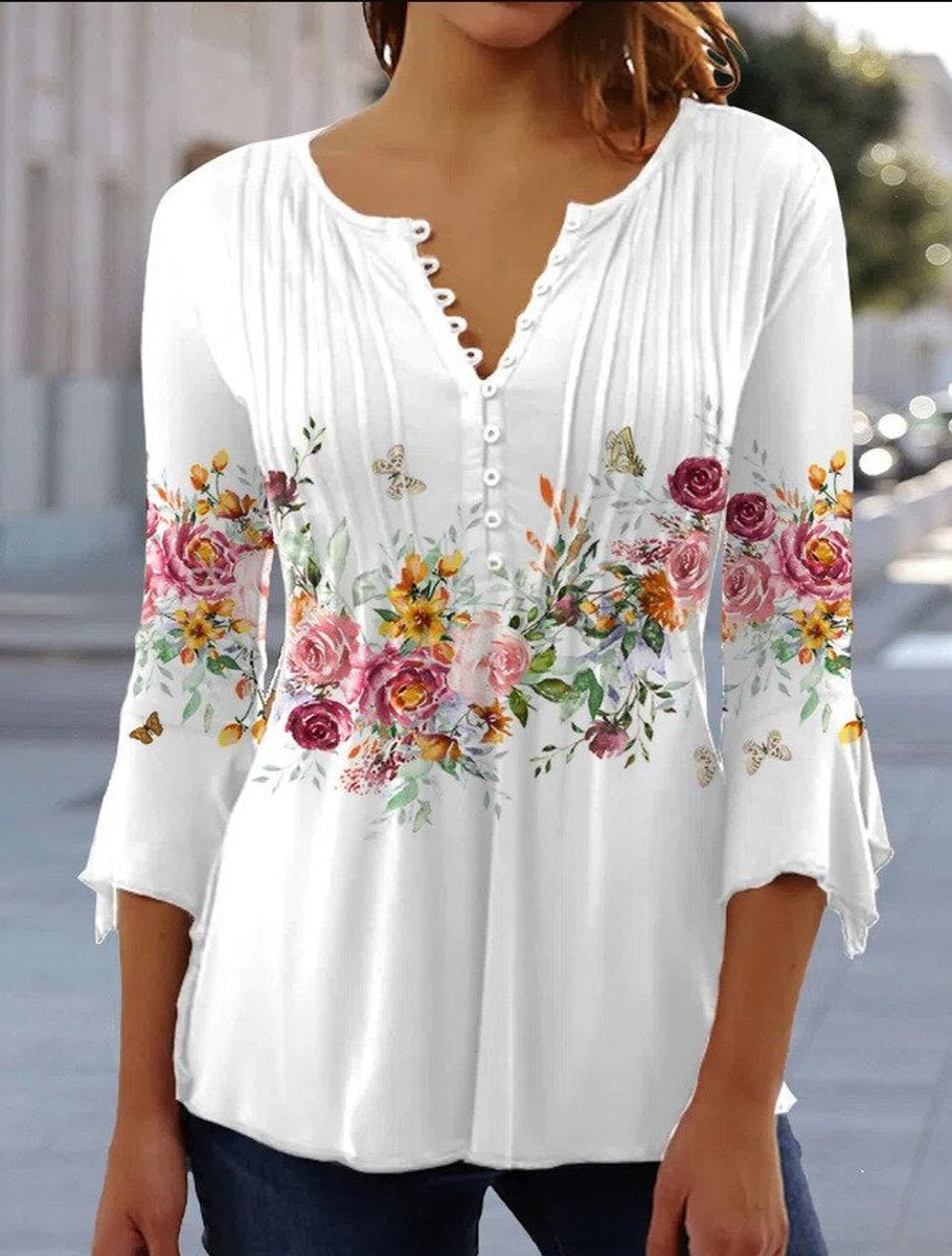 Damen Langarm Bluse Geblümtes Henley-Shirt Relaxed Fit - Floral White