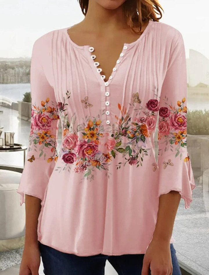 Damen Langarm Bluse Geblümtes Henley-Shirt Relaxed Fit - Pink