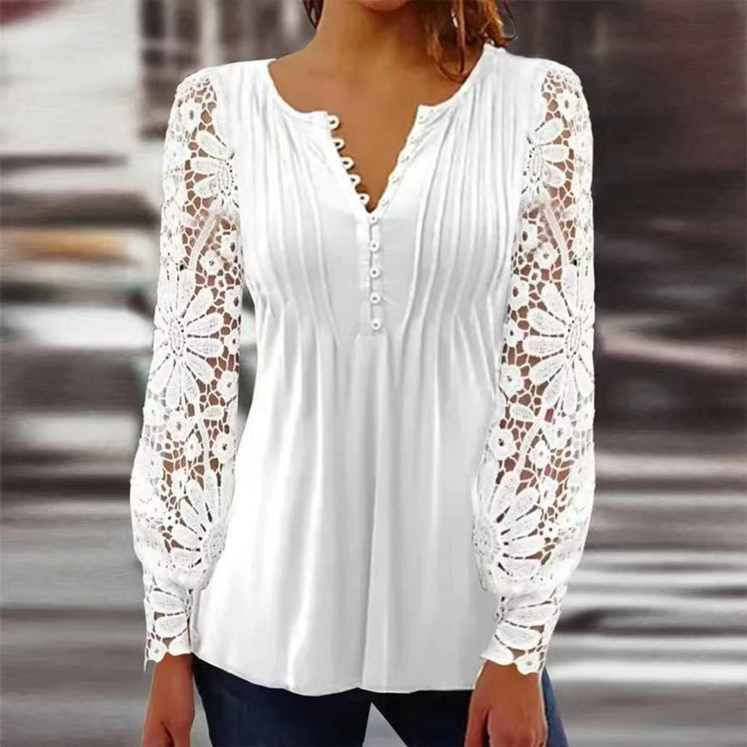 Damen Langarm Bluse Geblümtes Henley-Shirt Relaxed Fit - White
