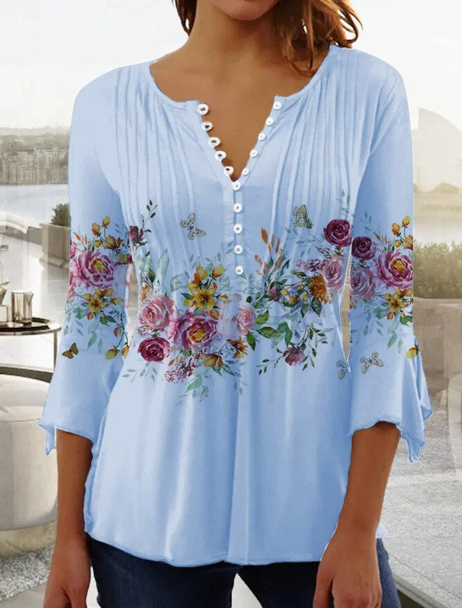 Damen Langarm Bluse Geblümtes Henley-Shirt Relaxed Fit - Light Blue