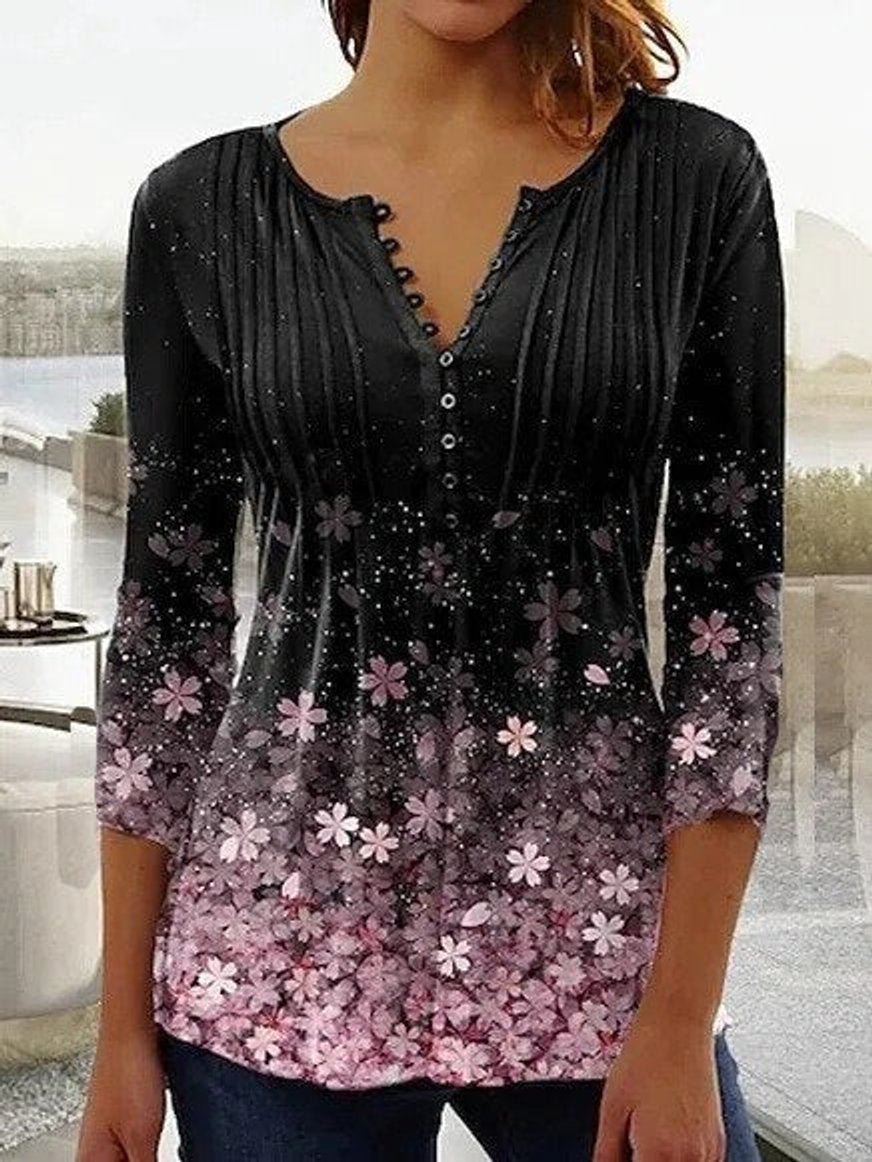 Damen Langarm Bluse Geblümtes Henley-Shirt Relaxed Fit - Black