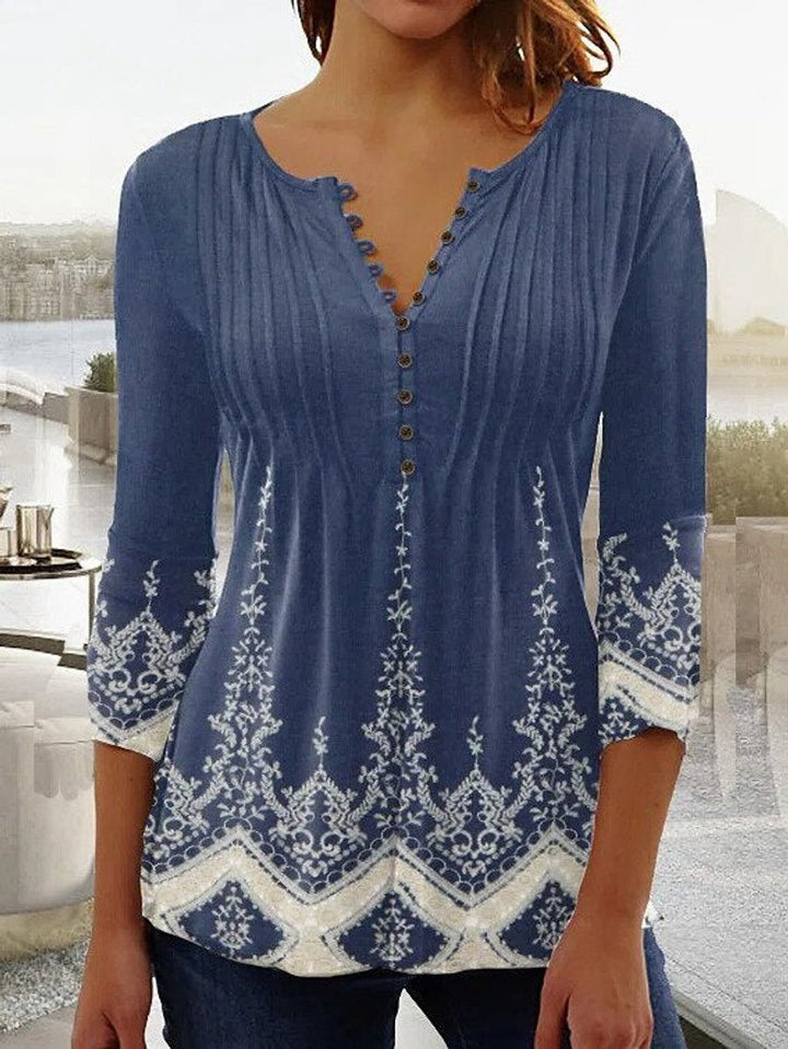 Damen Langarm Bluse Geblümtes Henley-Shirt Relaxed Fit - Blue