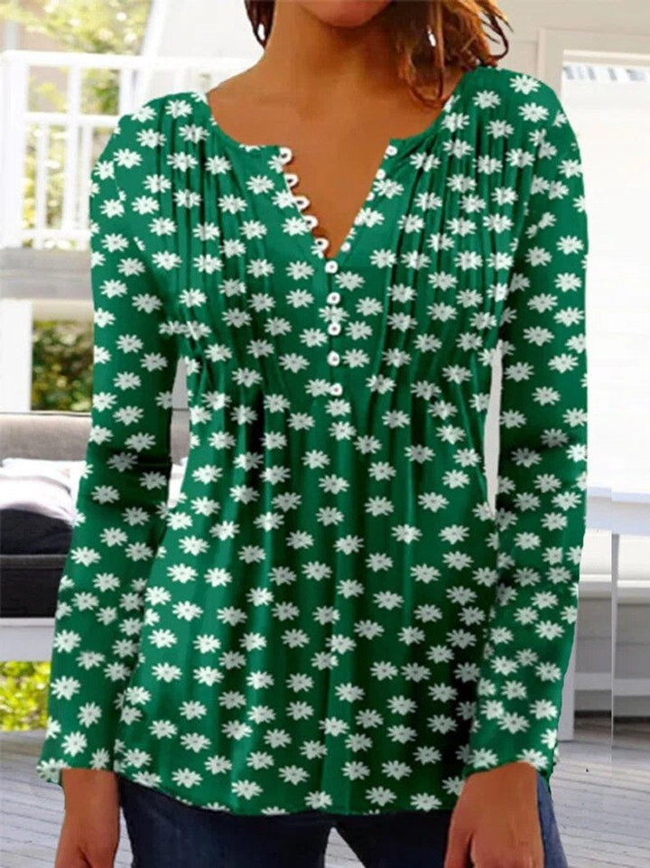 Damen Langarm Bluse Geblümtes Henley-Shirt Relaxed Fit - Dark green