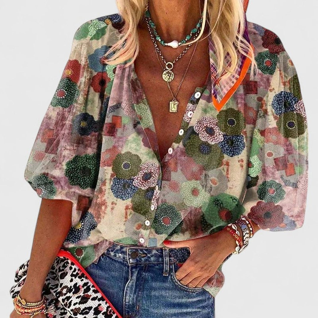 Damen Langarm-Bluse mit floralem Allover-Print und V-Ausschnitt - Green