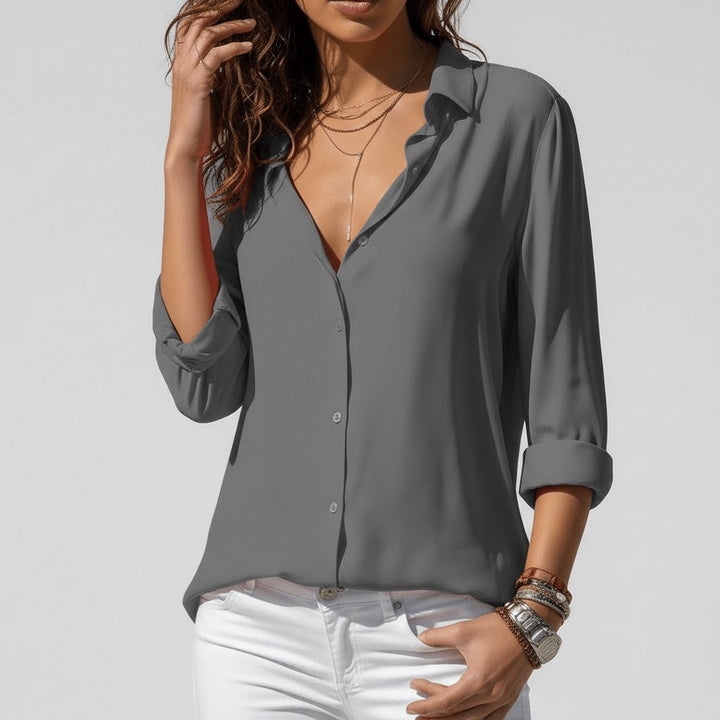Damen Langarm-Bluse mit Hemdkragen aufgeknöpftem Vorderteil - Classic Grey