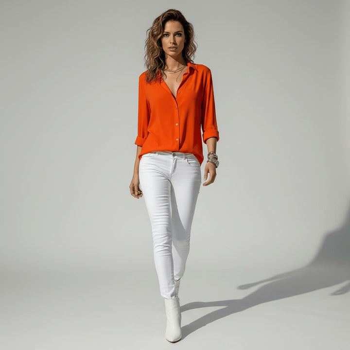 Damen Langarm-Bluse mit Hemdkragen aufgeknöpftem Vorderteil