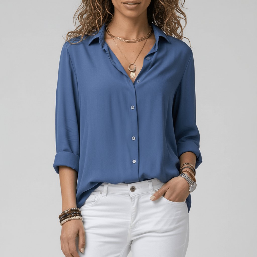 Damen Langarm-Bluse mit Hemdkragen aufgeknöpftem Vorderteil - Ocean Blue