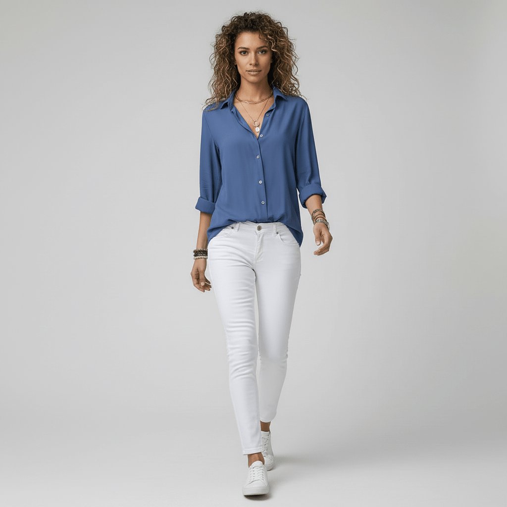 Damen Langarm-Bluse mit Hemdkragen aufgeknöpftem Vorderteil