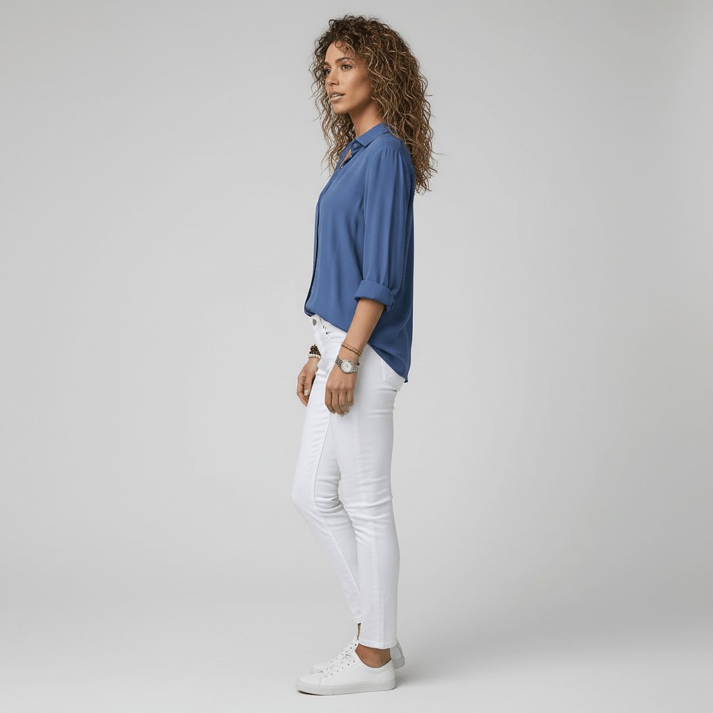 Damen Langarm-Bluse mit Hemdkragen aufgeknöpftem Vorderteil