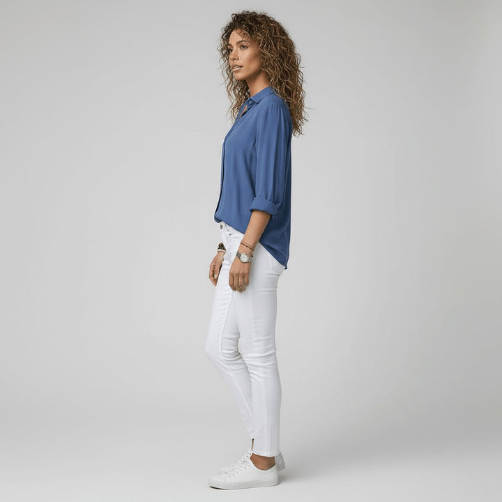Damen Langarm-Bluse mit Hemdkragen aufgeknöpftem Vorderteil